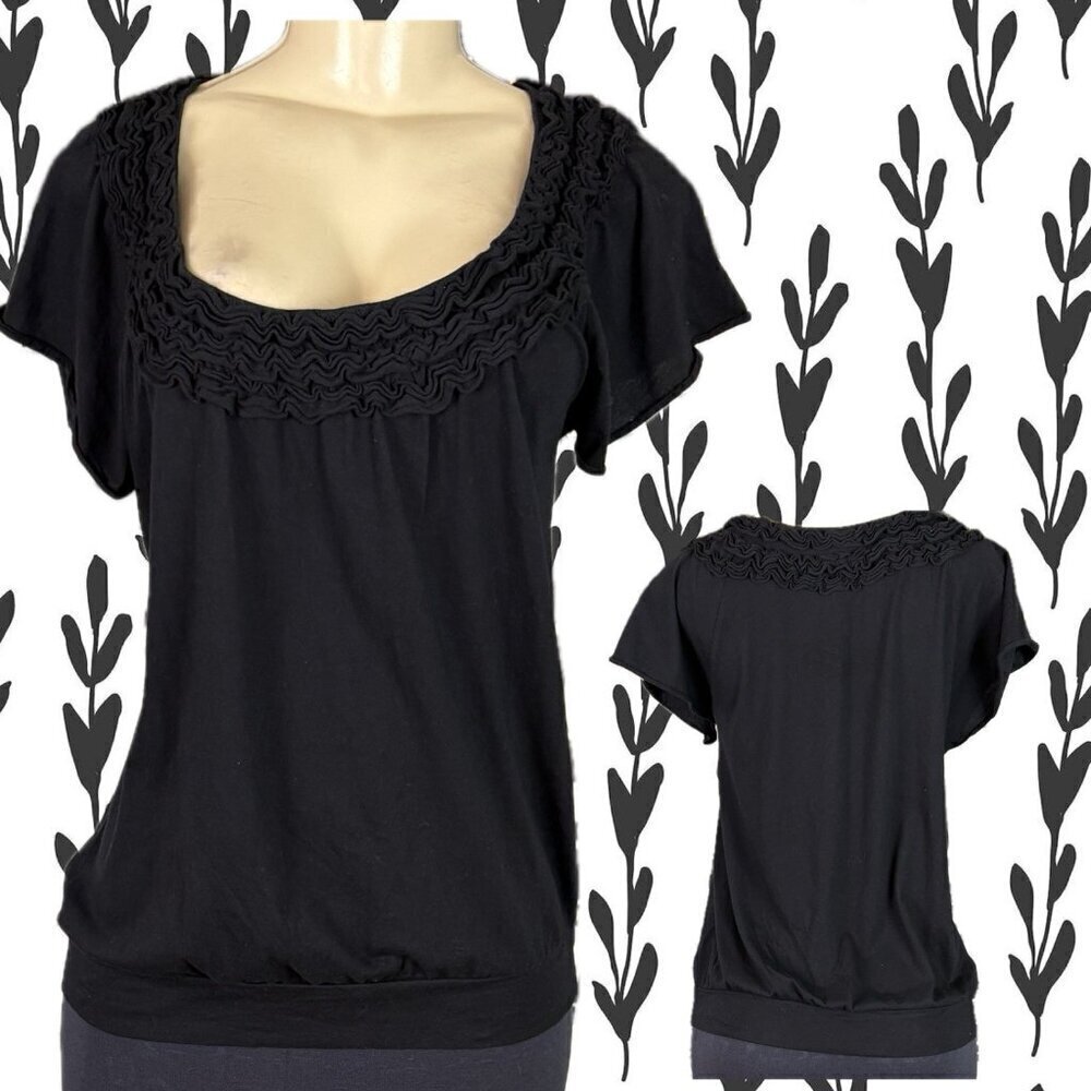 Elle S Black Scoop Ruffle Neckline Banded Hemline Flutter Short Sleeve Top